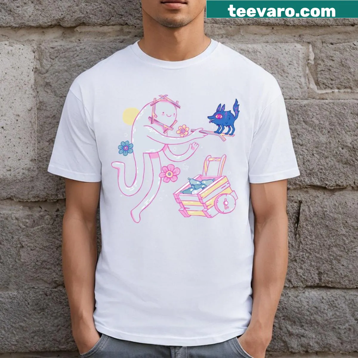 Whimsical T-shirt with a dog enjoying snowy adventures — on a men's t-shirt
