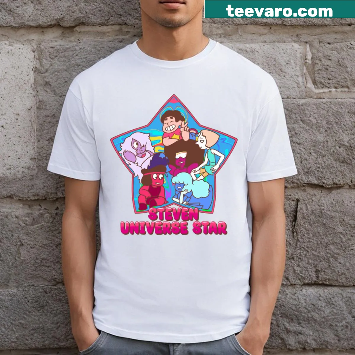 T-shirt featuring a design inspired by Steven Universe with star motifs — on a men's t-shirt