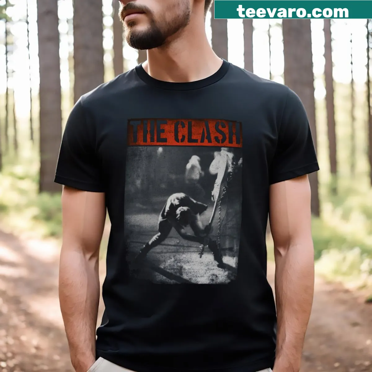 Bold text t-shirt celebrating The Clash band — on a men's t-shirt