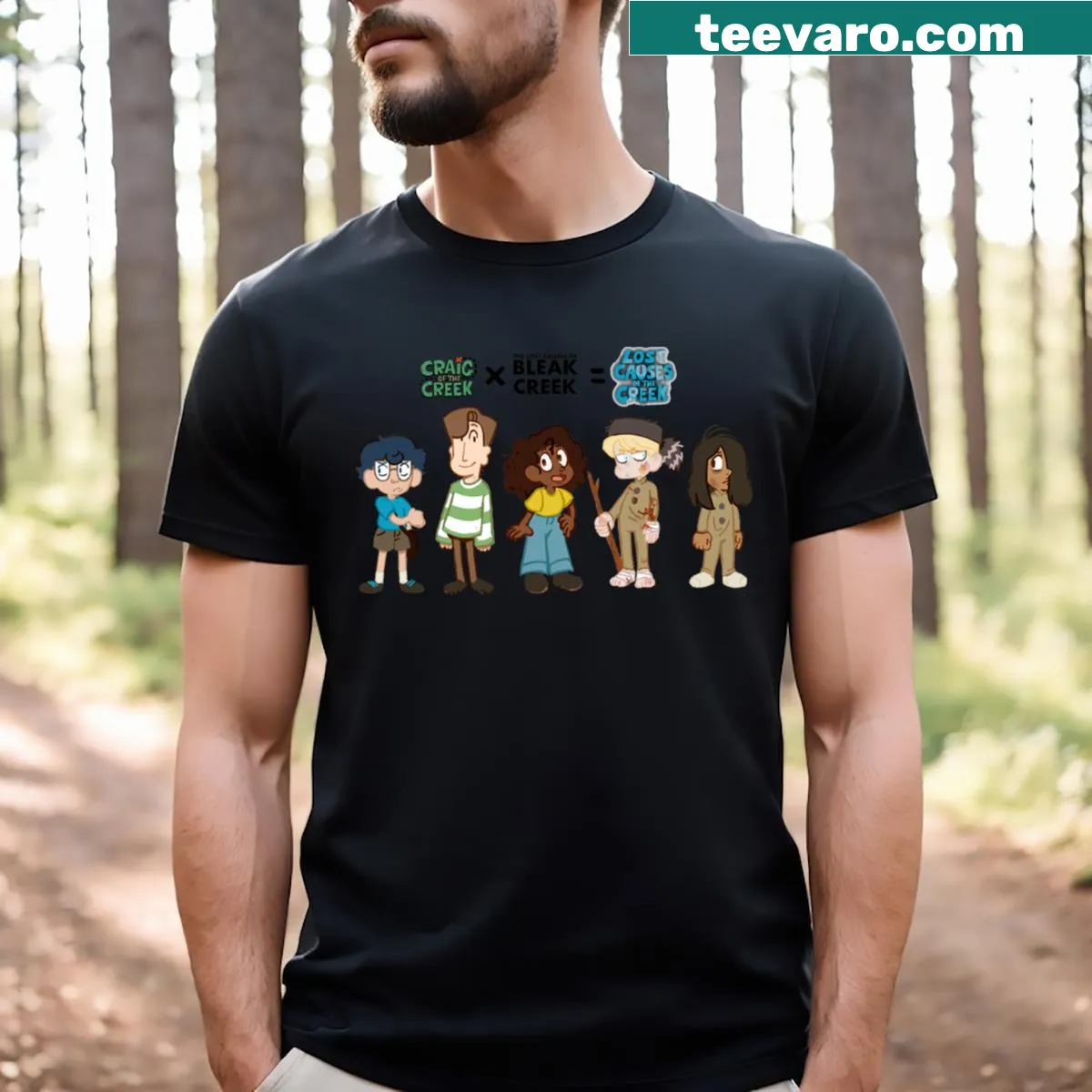 T-shirt inspired by natural landscapes with creek-themed design — on a men's t-shirt