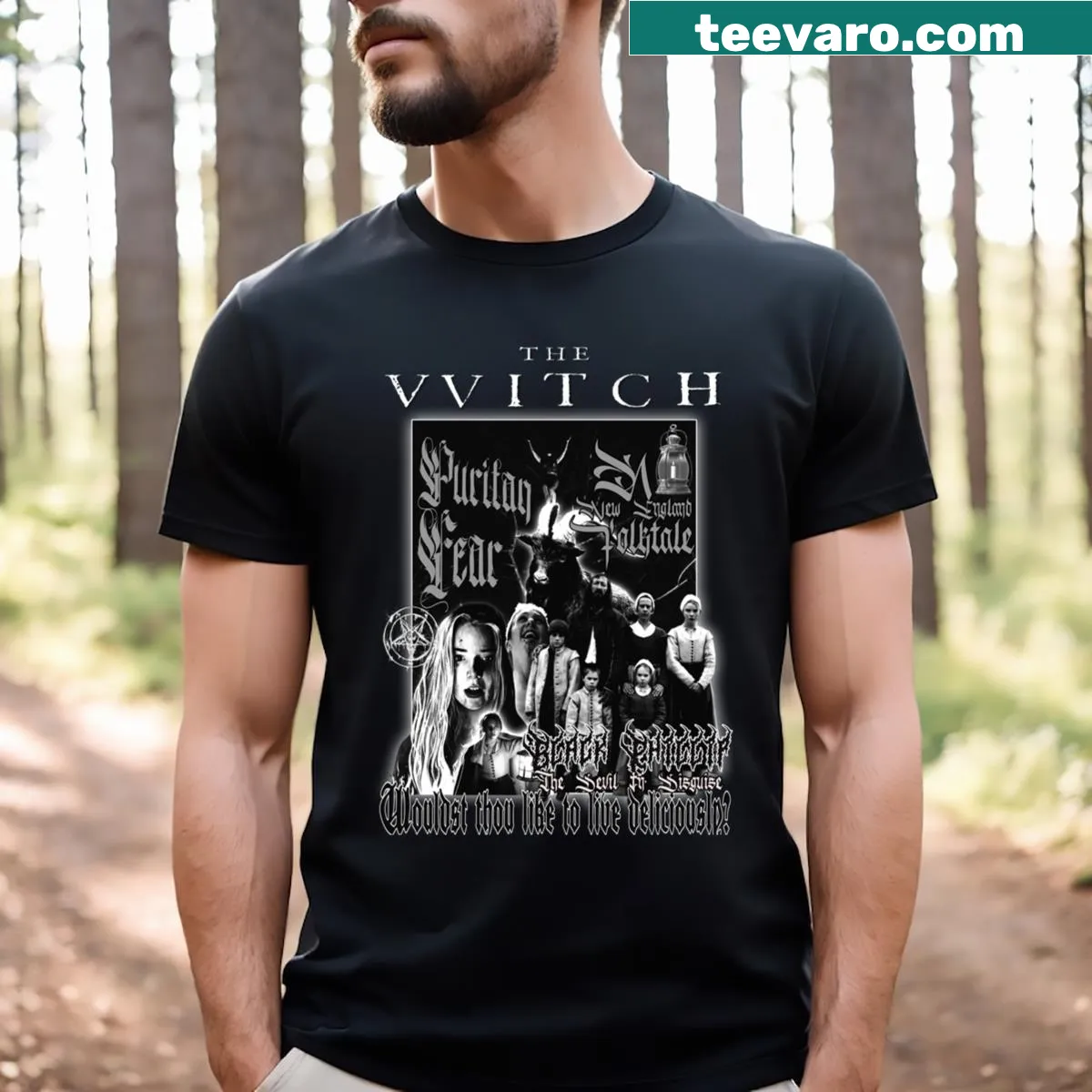 Illustrated T-shirt inspired by 'The Vvitch' with a puritan theme — on a men's t-shirt