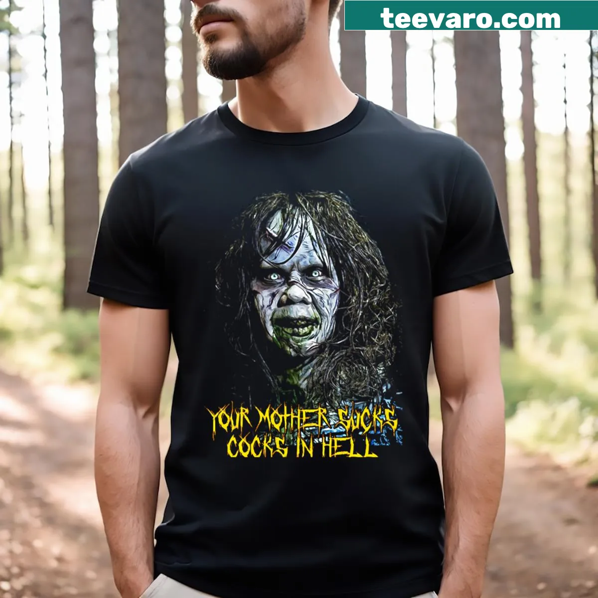 T-shirt featuring a horror-themed graphic inspired by The Exorcist — on a men's t-shirt