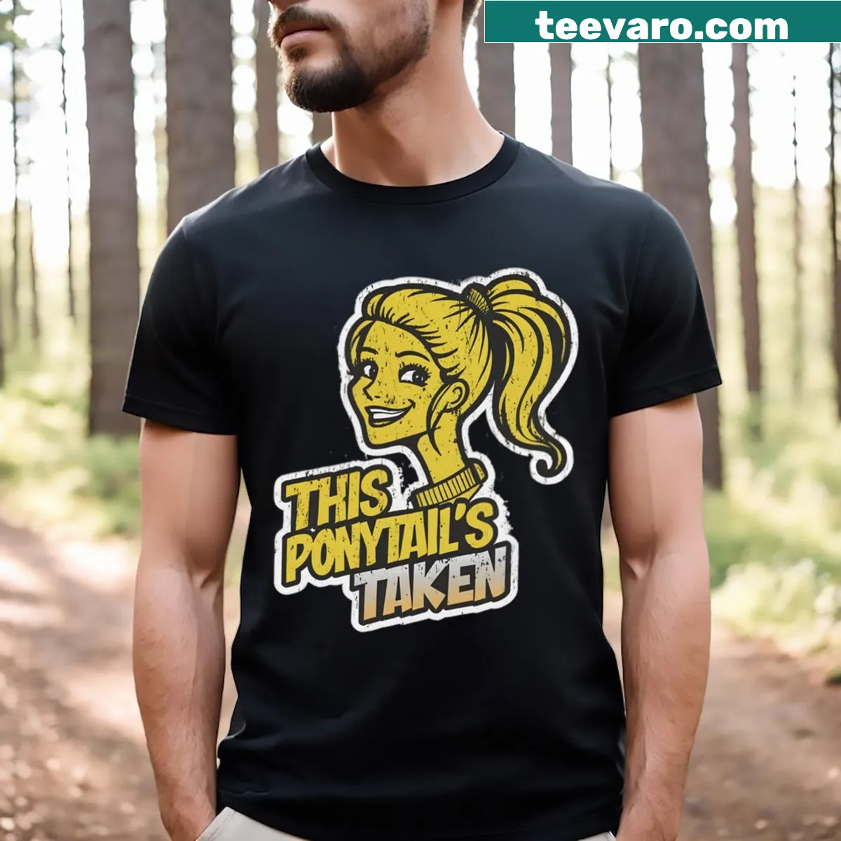Bold typography design humorously declaring that the ponytail is taken. — on a men's t-shirt