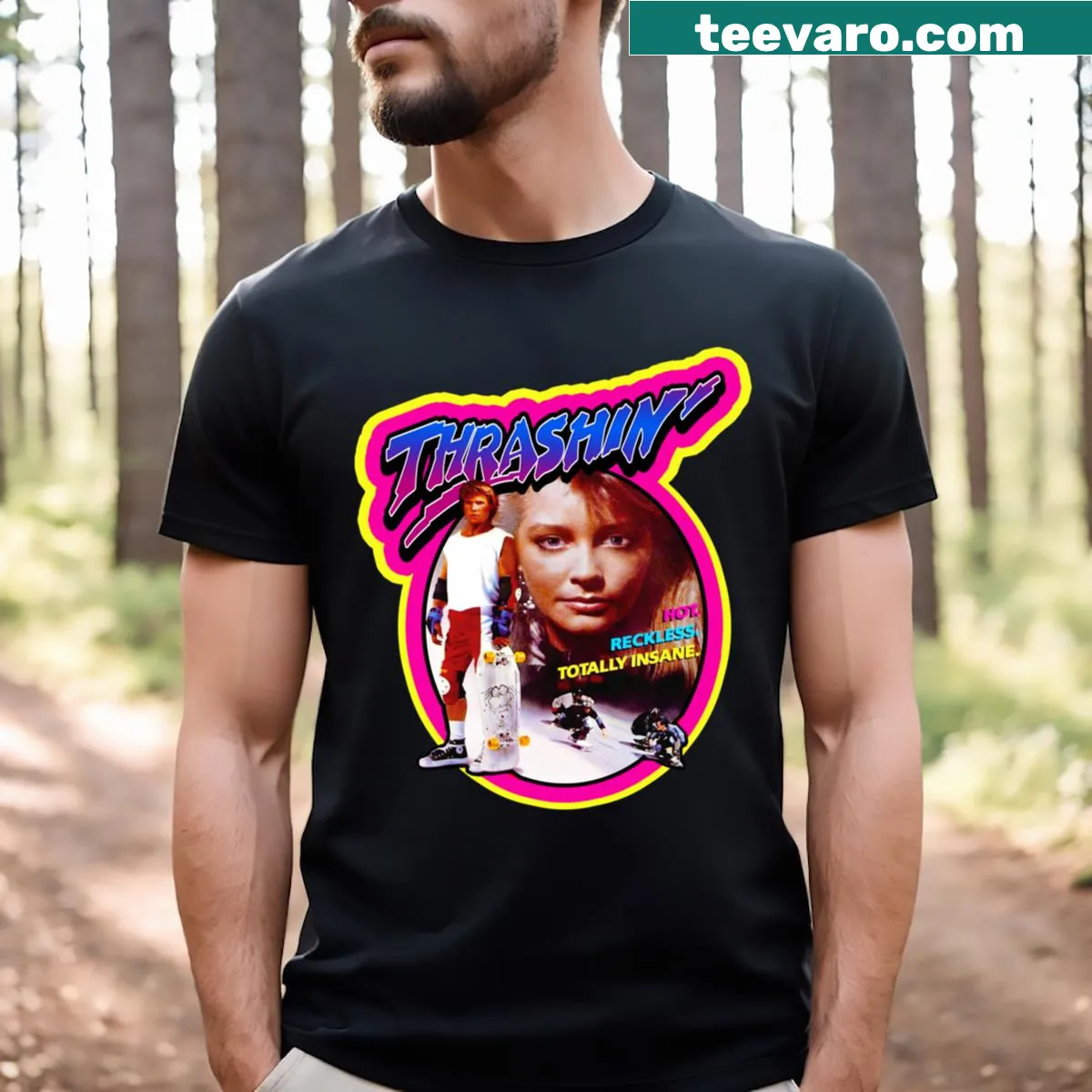 Hand-lettered graphic celebrating 80s skateboarding movies on T-shirt — on a men's t-shirt