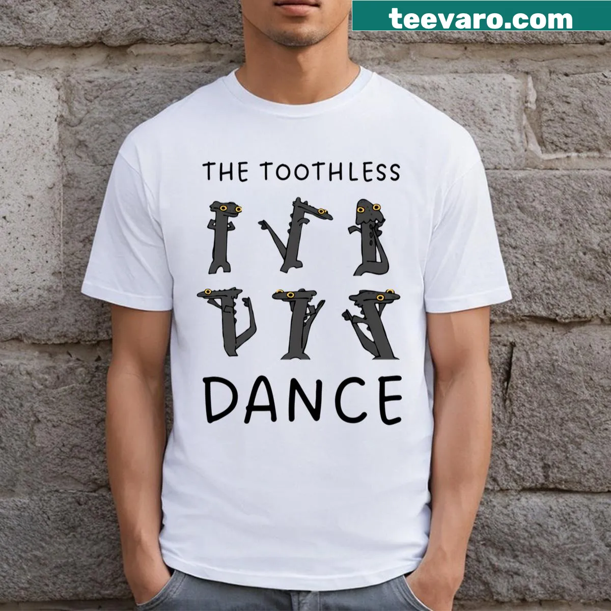 Cartoon T-shirt featuring a dancing Toothless dragon from How to Train Your Dragon. — on a men's t-shirt