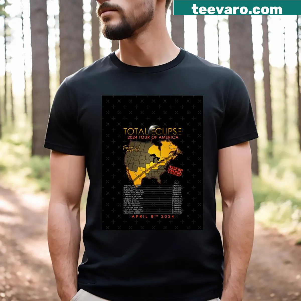 Graphic T-shirt celebrating the April 8th, 2024 solar eclipse. — on a men's t-shirt