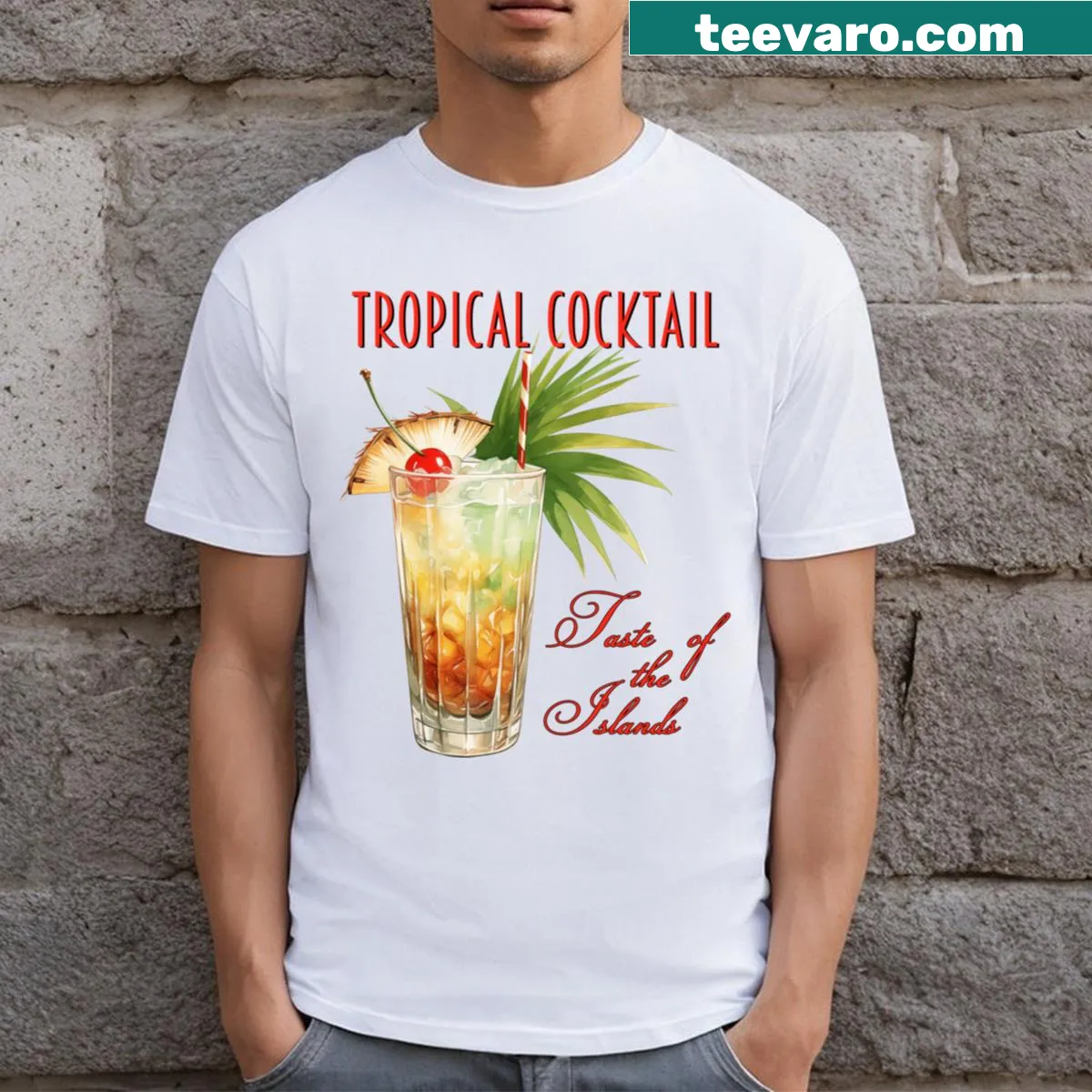 T-shirt with a playful illustration of a tropical cocktail with cherries — on a men's t-shirt