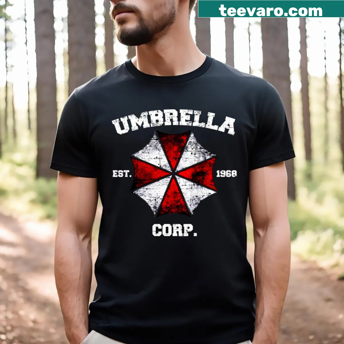 Umbrella Corp logo graphic t-shirt — on a men's t-shirt