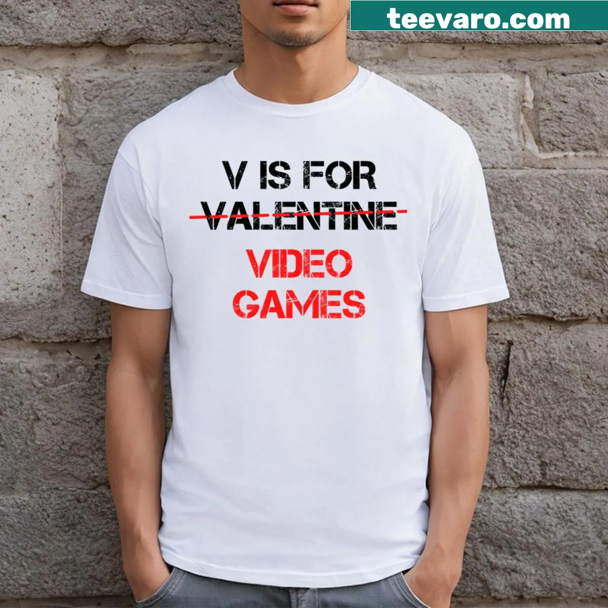 T-shirt with playful 'V Is For Video Games' typography design — on a men's t-shirt