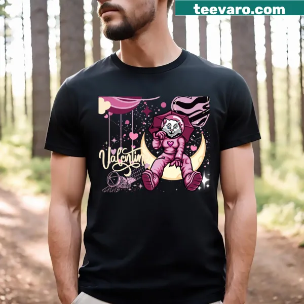 Valentine Space Cat T-shirt with a whimsical astronaut graphic