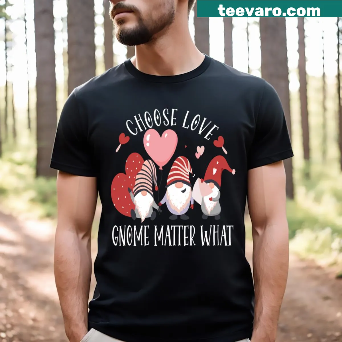 Valentine's Day T-shirt featuring cute gnomes and heart designs — on a men's t-shirt