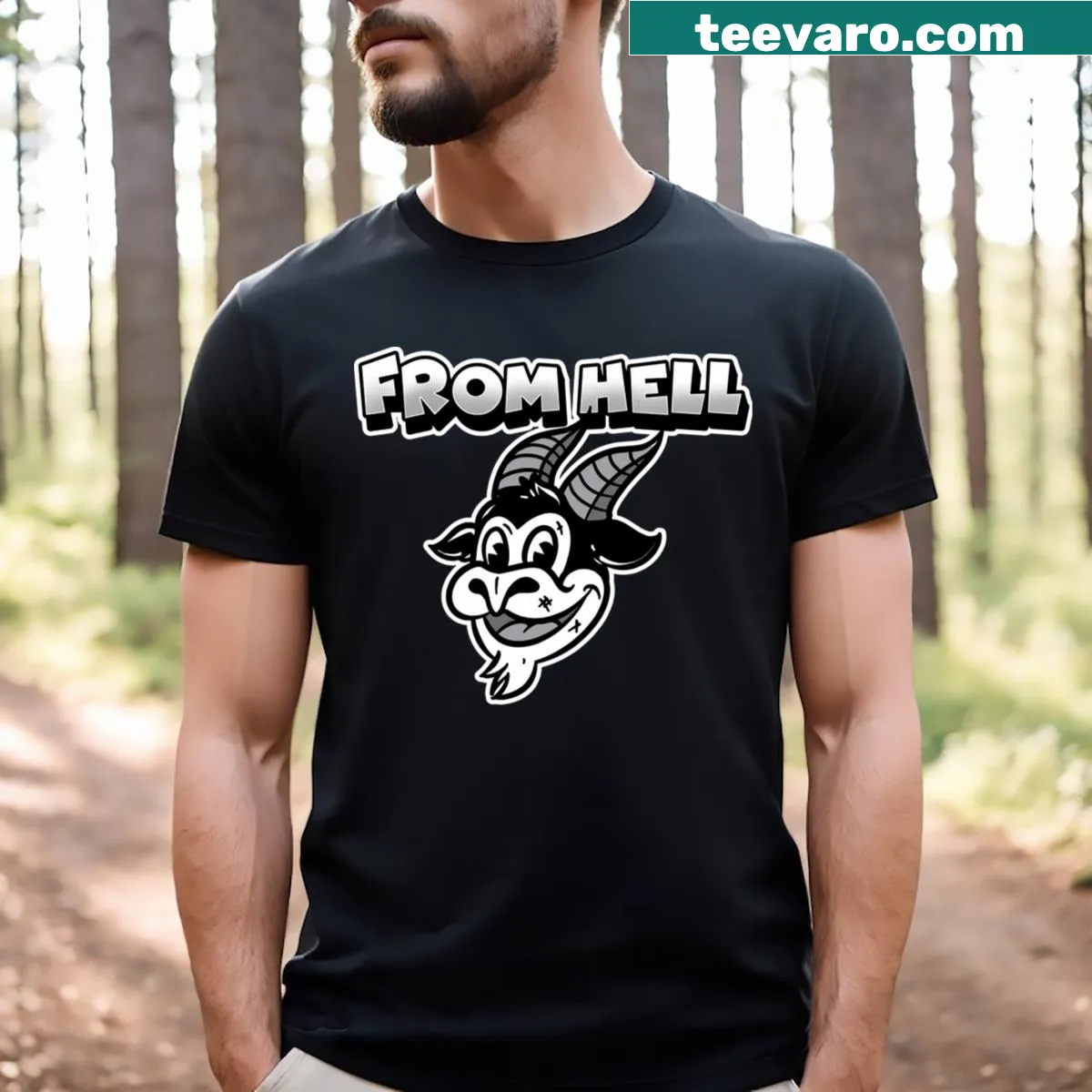 Vintage cartoon Baphomet logo printed on a distressed t-shirt — on a men's t-shirt