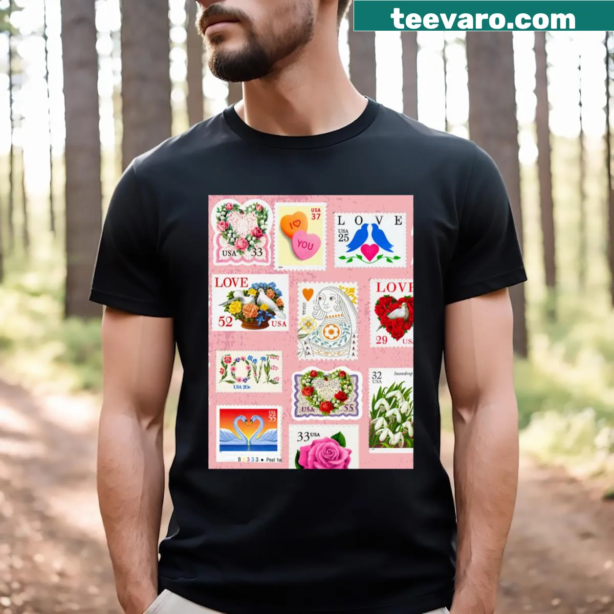 Vintage Valentines themed t-shirt with stamp illustrations — on a men's t-shirt