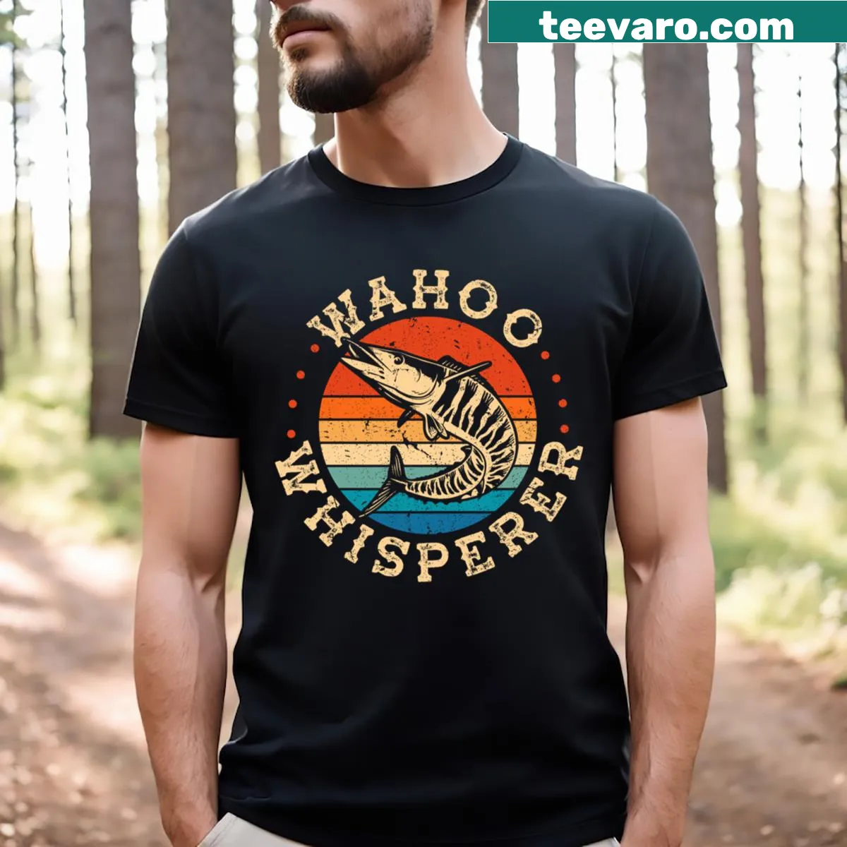 Fisherman t-shirt with 'Wahoo Whisperer' text for anglers — on a men's t-shirt