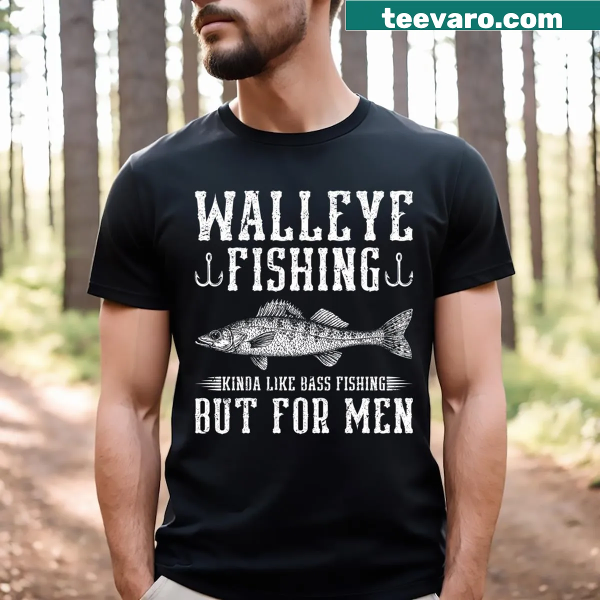 Funny fishing T-shirt celebrating walleye fishing with witty text — on a men's t-shirt