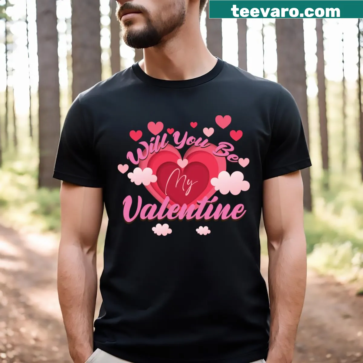 Valentine's Day t-shirt with playful 'Will You Be My Valentine' text — on a men's t-shirt