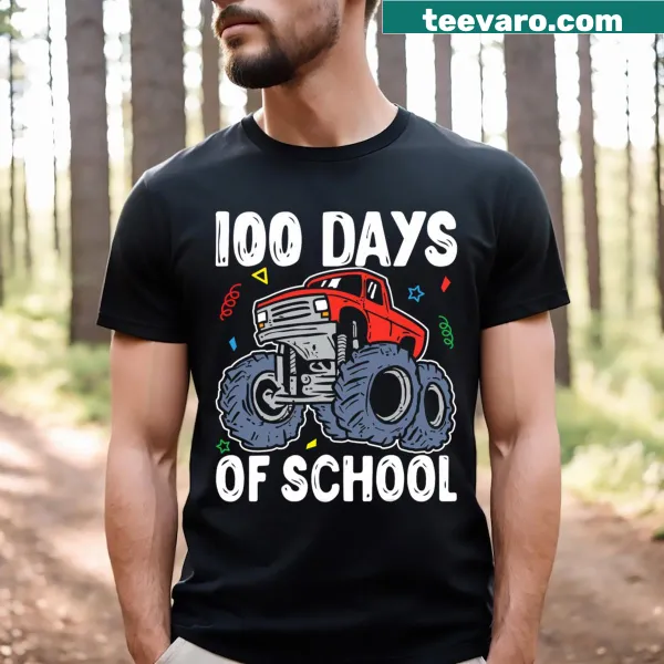 Monster truck graphic on 100 Days of School T-shirt for boys