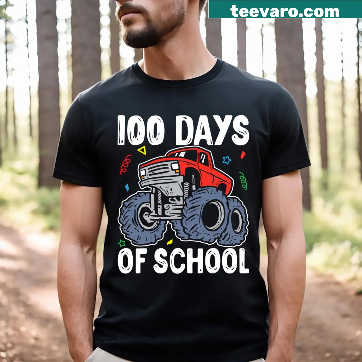 Monster truck graphic on 100 Days of School T-shirt for boys — on a men's t-shirt