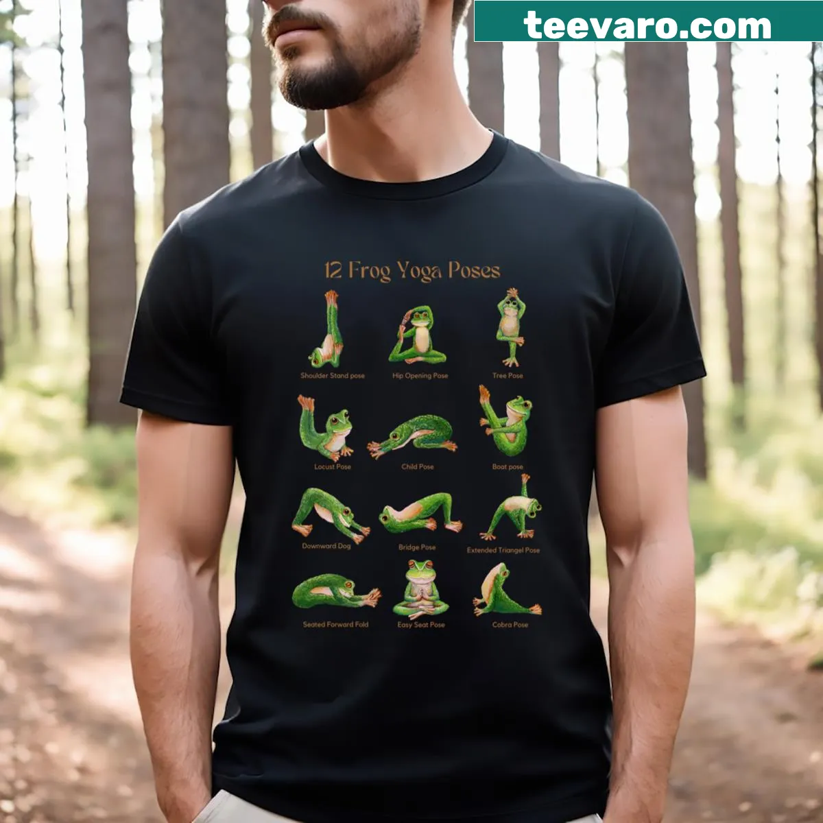 T-shirt featuring illustrations of 12 frog yoga poses, playful and fun — on a men's t-shirt