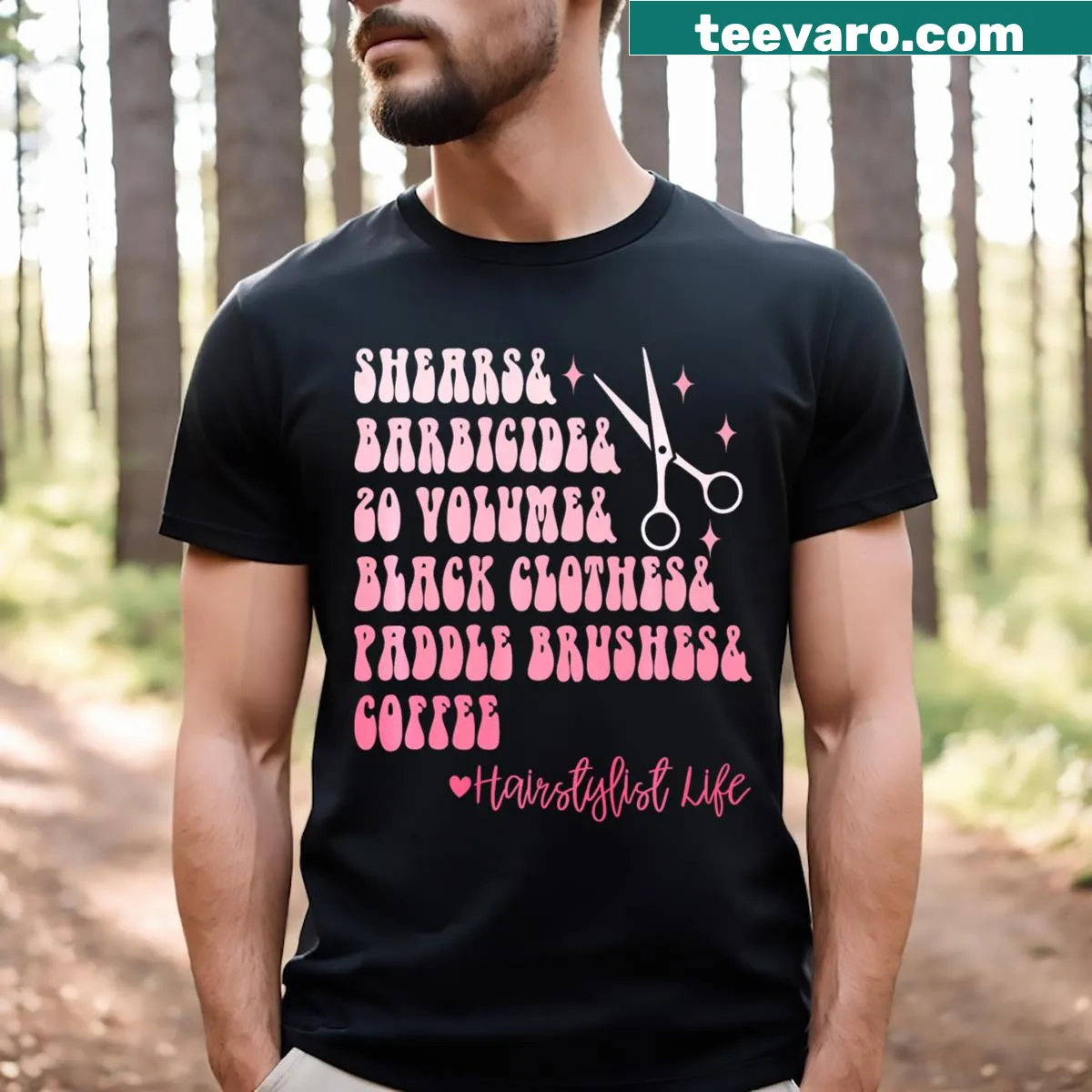 Funny hairstylist T-shirt featuring coffee and shears graphic — on a men's t-shirt