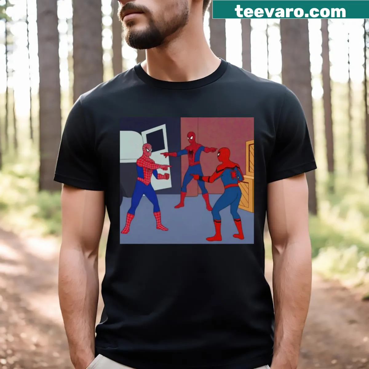 T-shirt with the Spidermen meme illustration — on a men's t-shirt