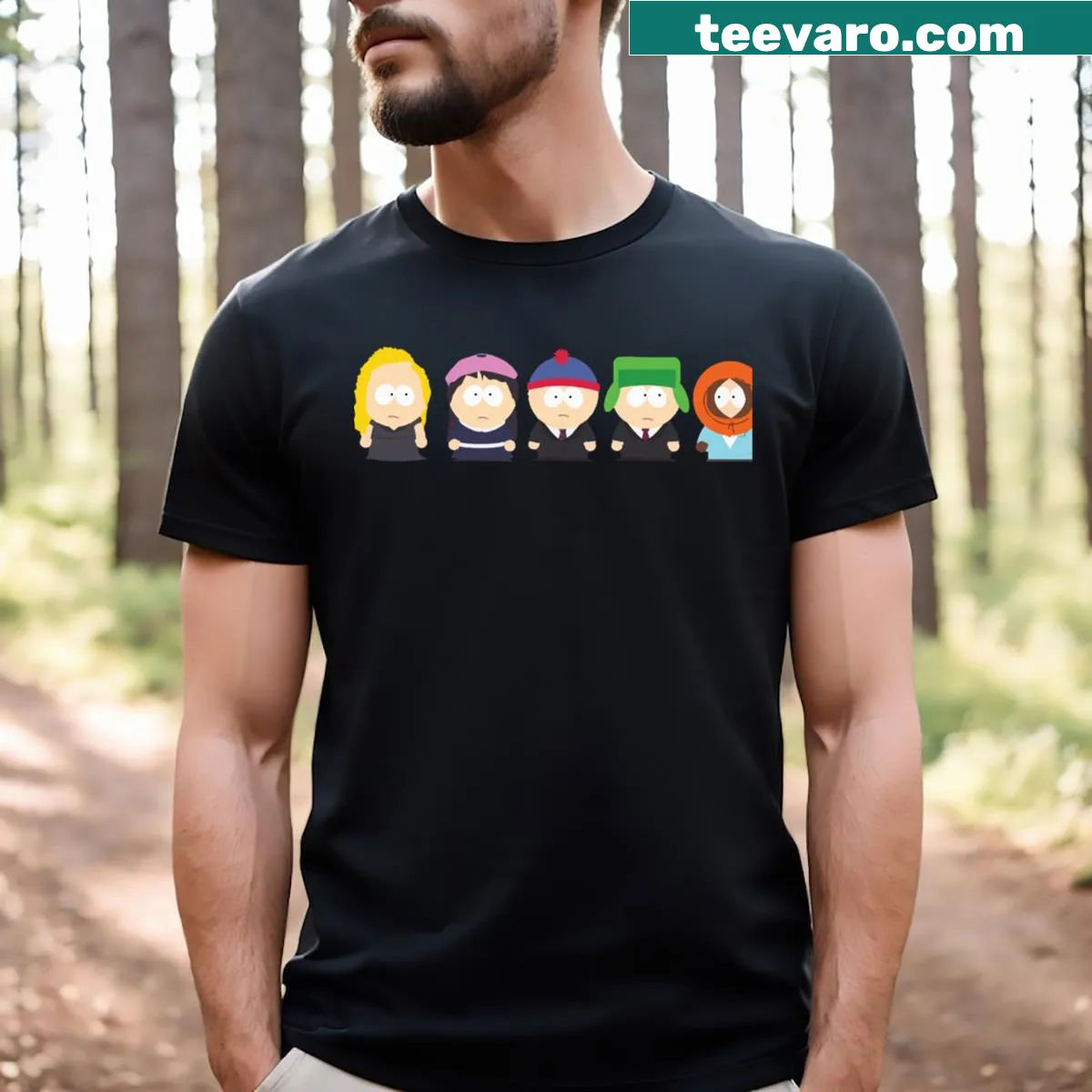 South Park themed T-shirt with characters design — on a men's t-shirt