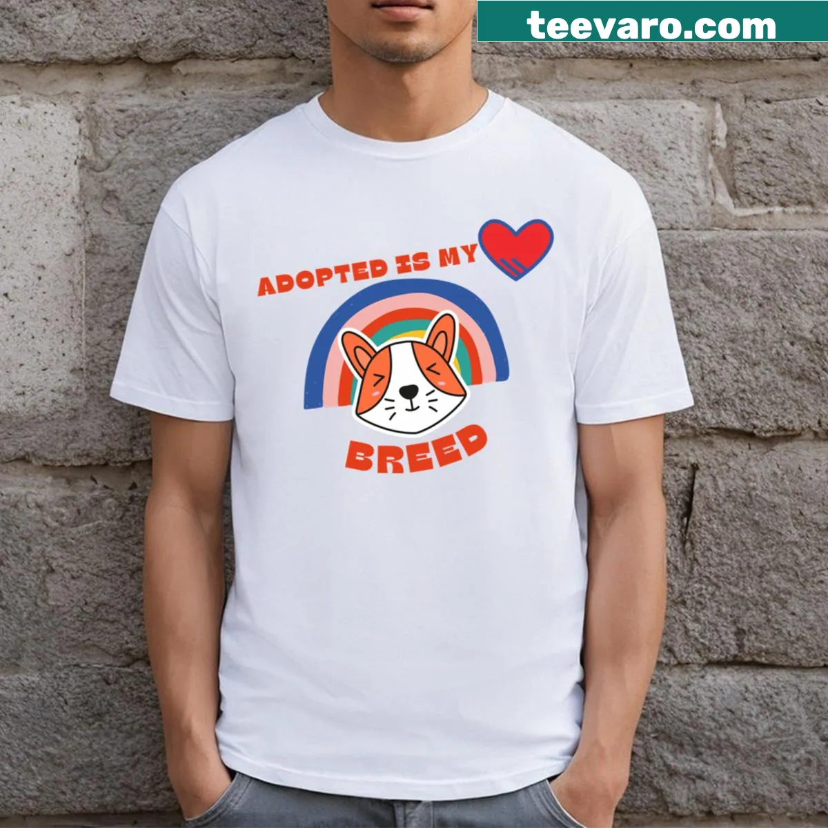 Funny T-shirt promoting dog adoption with playful graphics — on a men's t-shirt