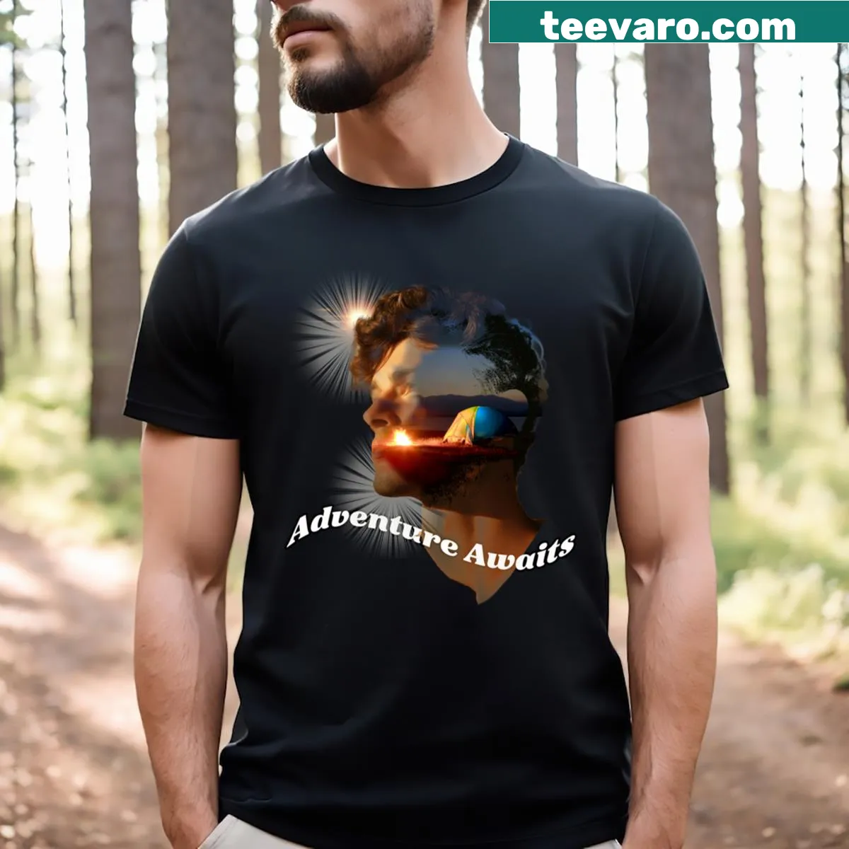 Inspirational T-shirt with text about adventure and exploration — on a men's t-shirt