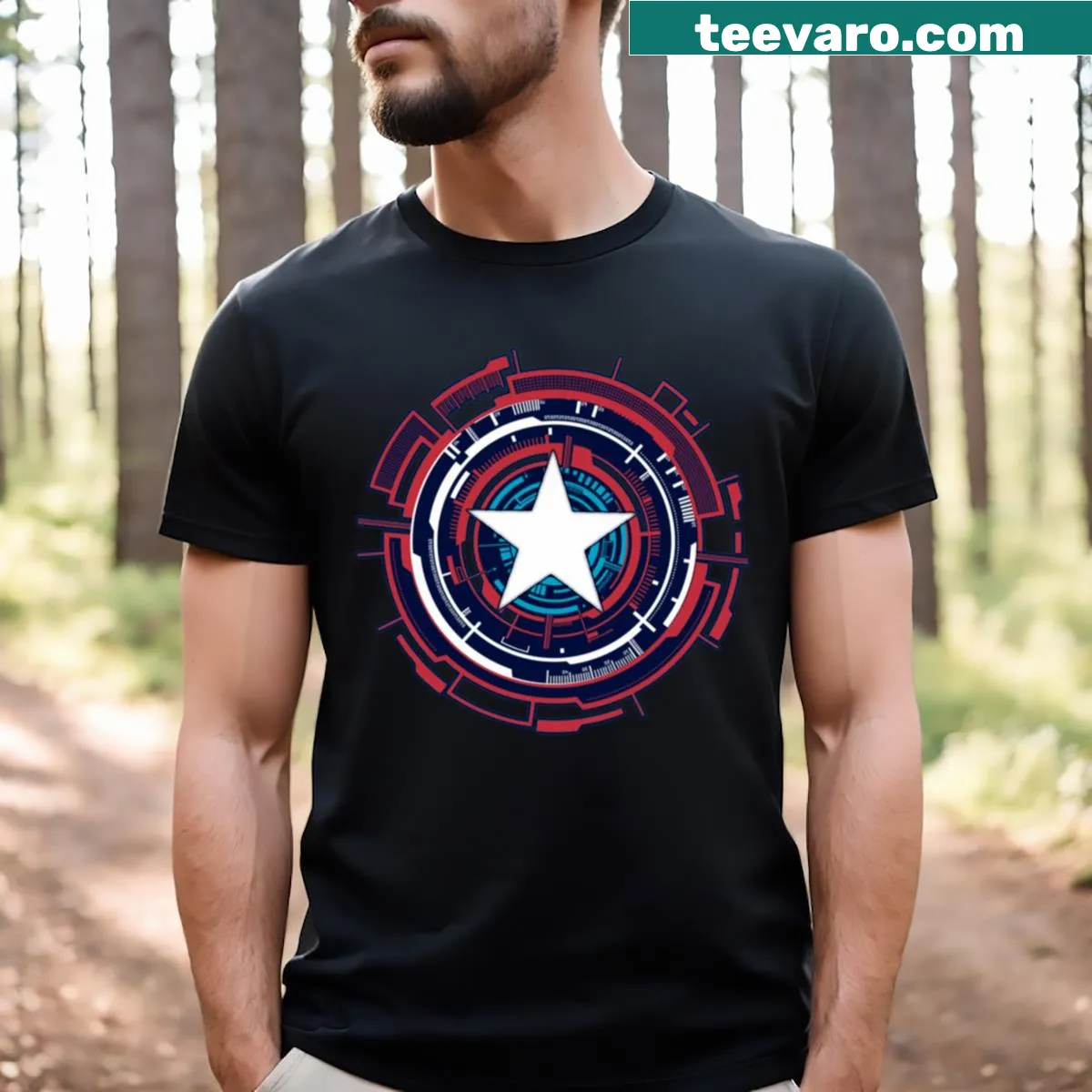 Futuristic logo T-shirt representing American pride and heroism — on a men's t-shirt