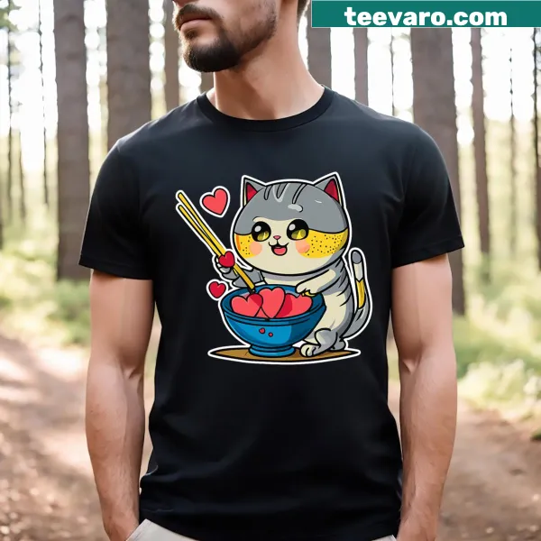 Anime cat t-shirt with cartoon cat eating ramen and hearts