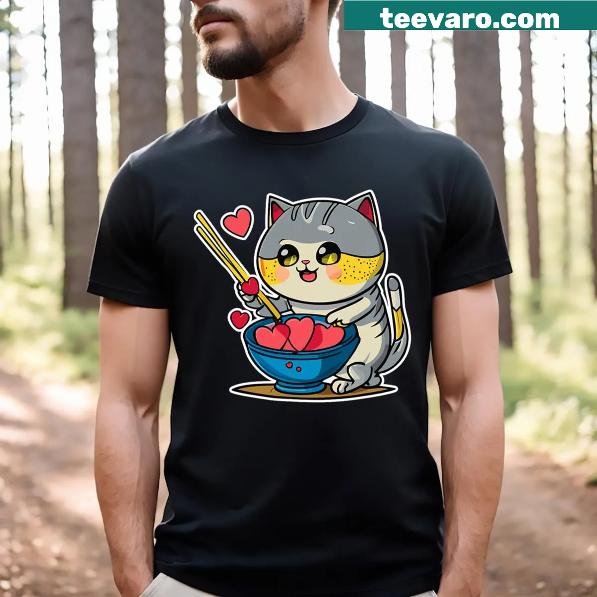 Anime cat t-shirt with cartoon cat eating ramen and hearts — on a men's t-shirt