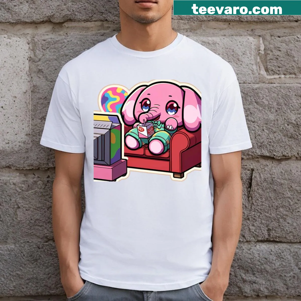 T-shirt with an illustration of a pink elephant relaxing in a playful style — on a men's t-shirt