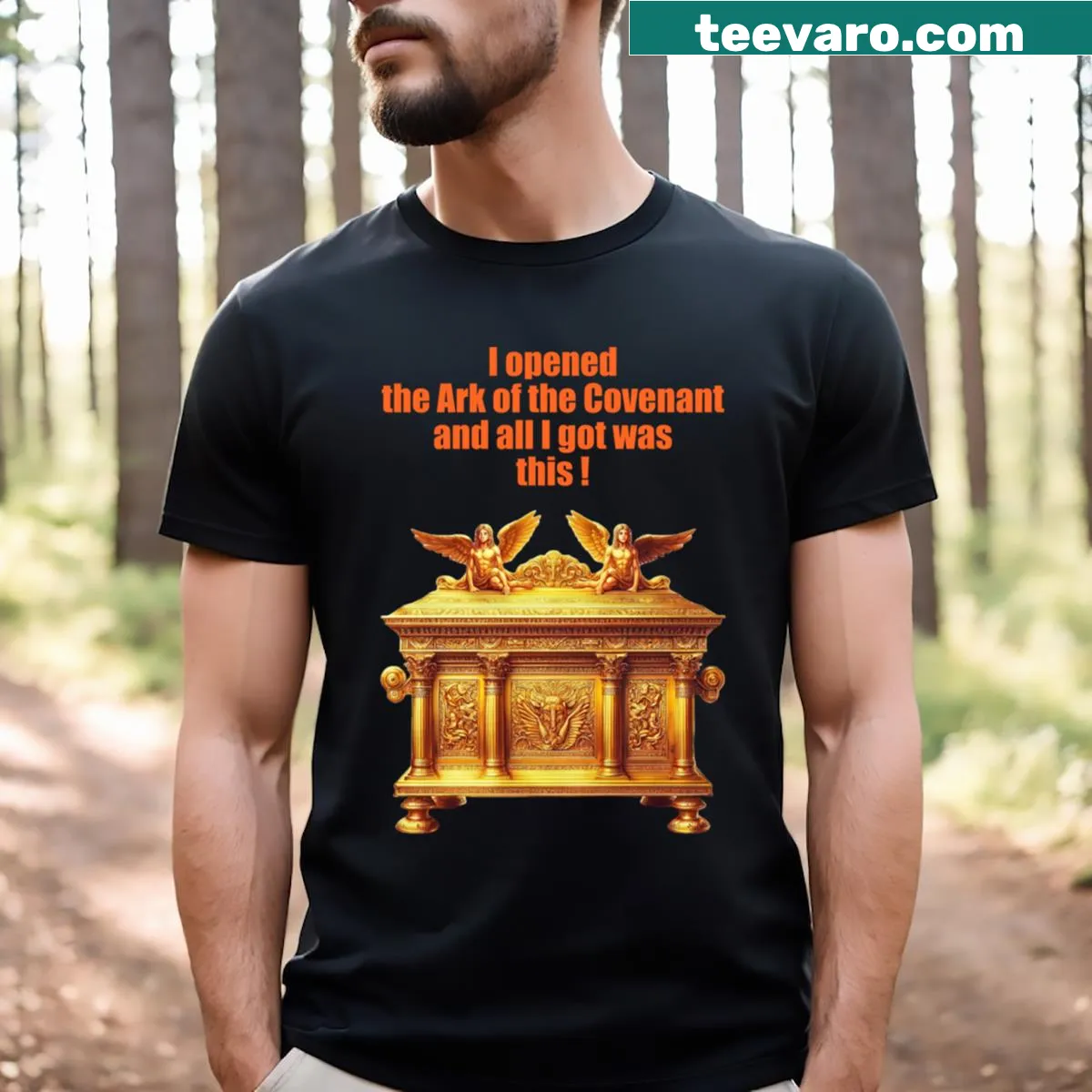 T-shirt featuring the Ark of the Covenant graphic — on a men's t-shirt
