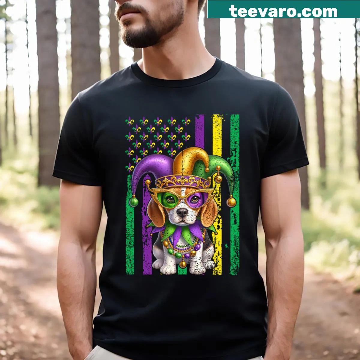 Beagle wearing Mardi Gras beads in a humorous illustration. — on a men's t-shirt