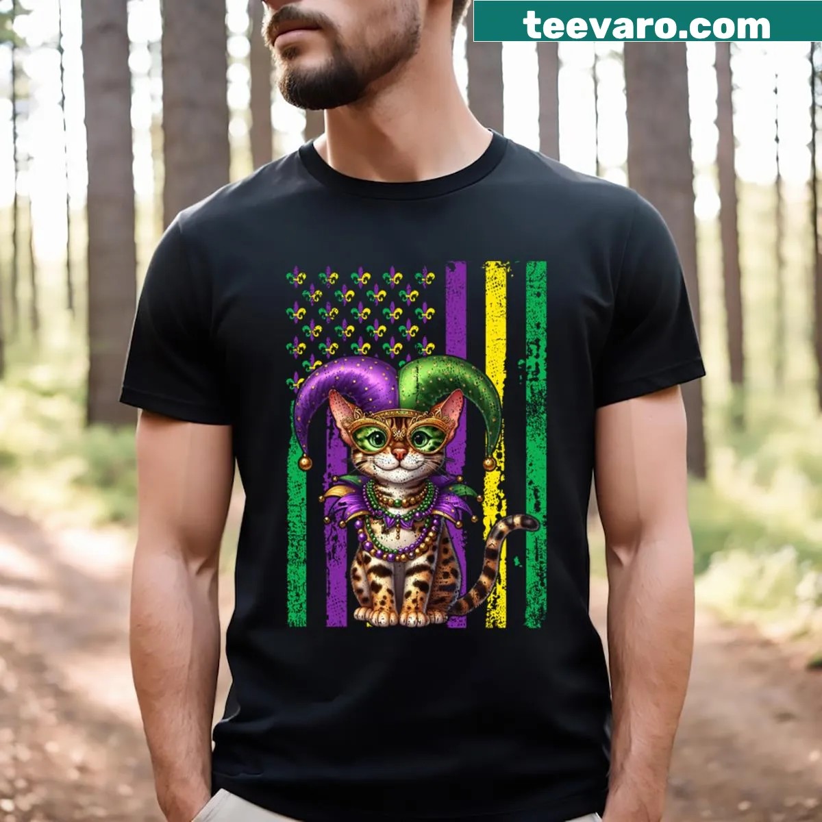 Cute kitten wearing Mardi Gras beads graphic on T-shirt — on a men's t-shirt
