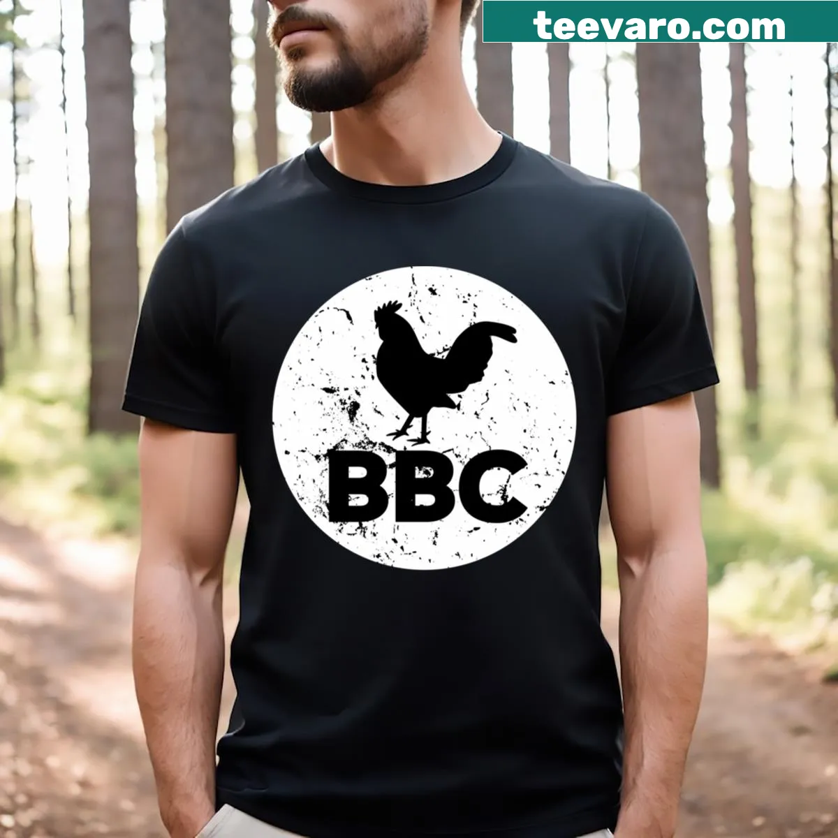 Funny t-shirt with bold text saying Big Black Cock Rooster — on a men's t-shirt