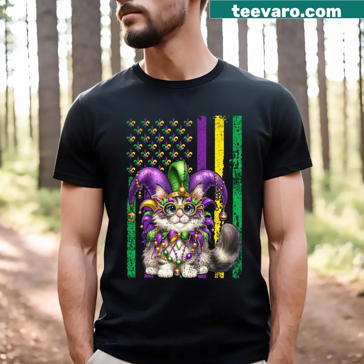Adorable Birman cat t-shirt with Mardi Gras beads illustration — on a men's t-shirt