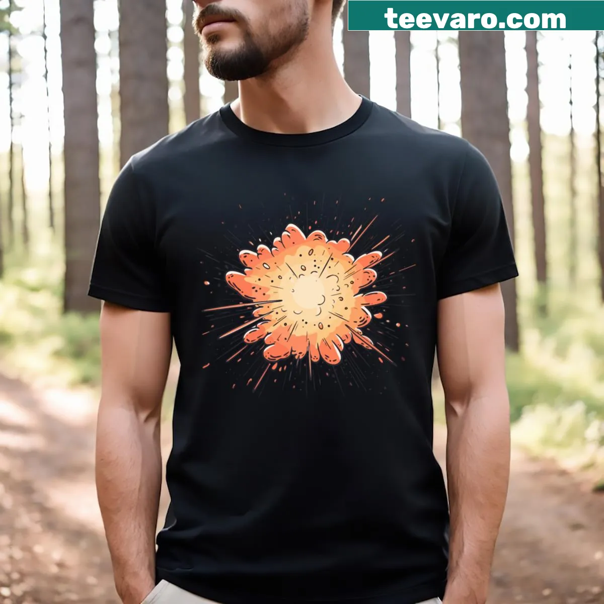 Bold graphic t-shirt featuring the word 'Boom' with an explosion design — on a men's t-shirt