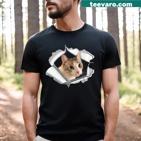 Funny T-shirt with a kitten's face design and torn cloth effect