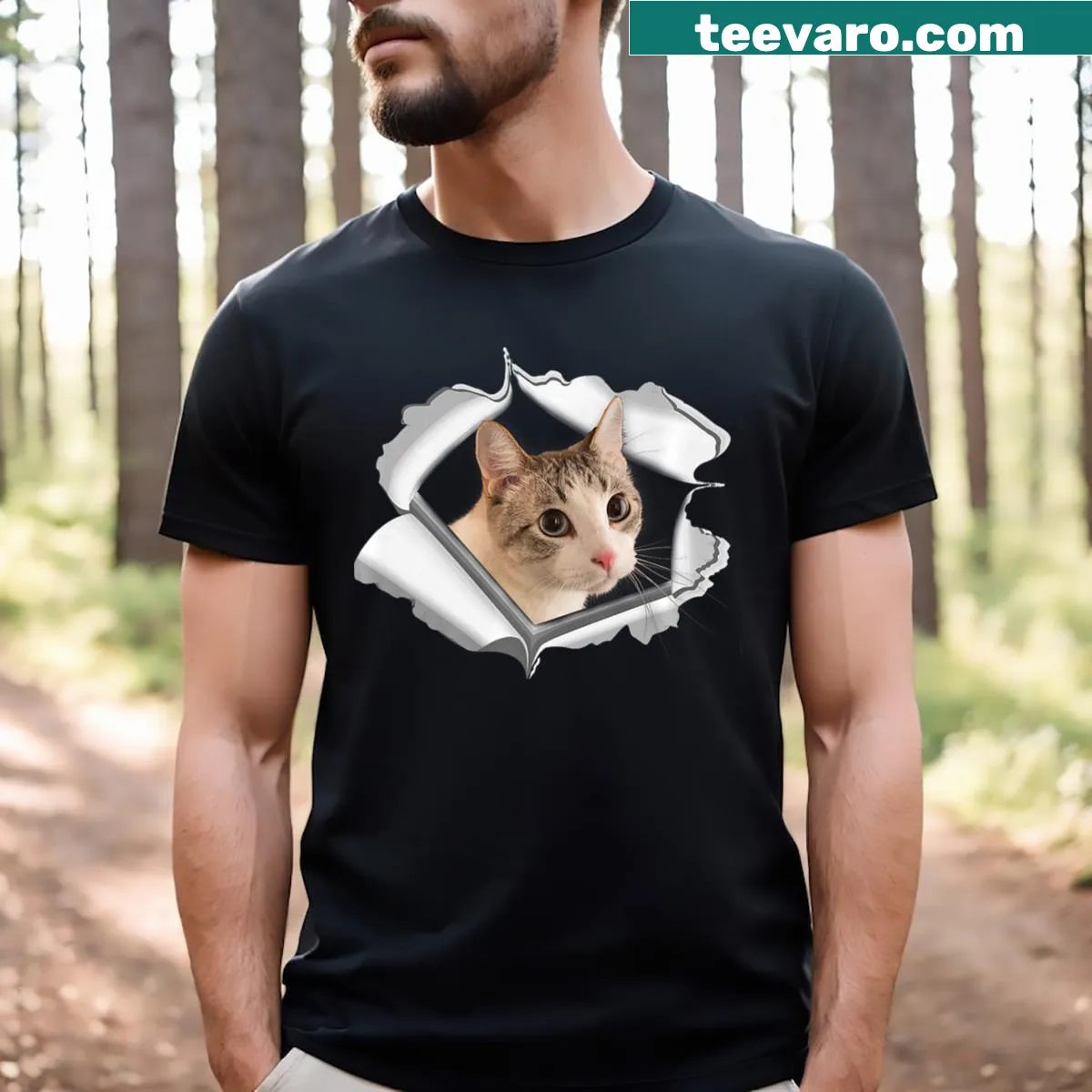Funny T-shirt with a kitten's face design and torn cloth effect — on a men's t-shirt