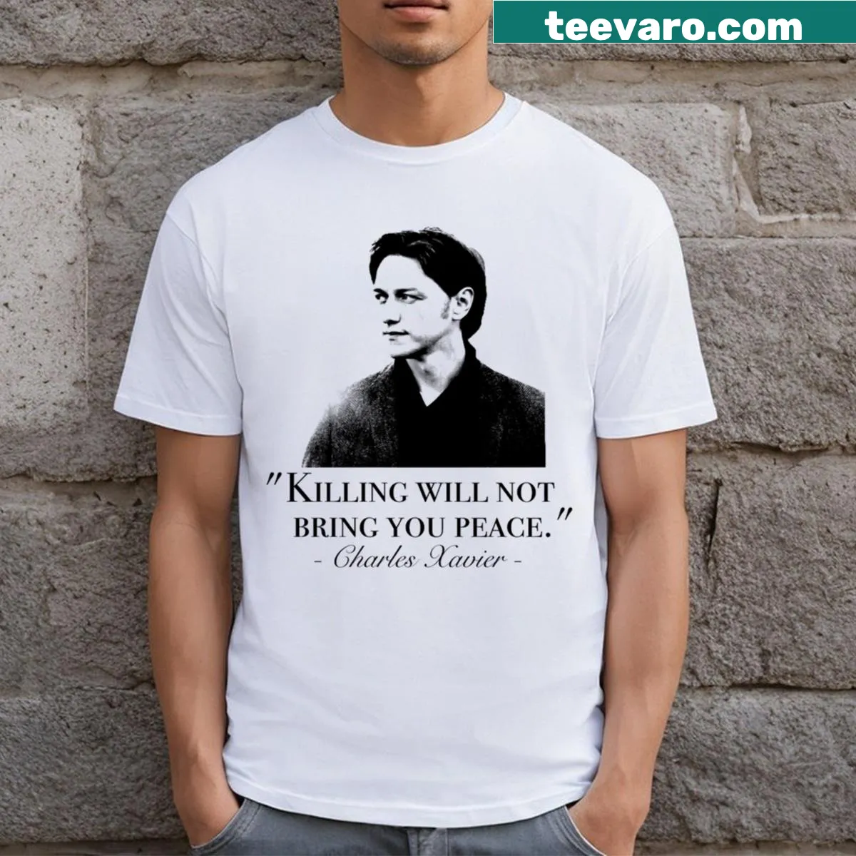 Bold graphic design featuring Charles Xavier from the comic universe. — on a men's t-shirt