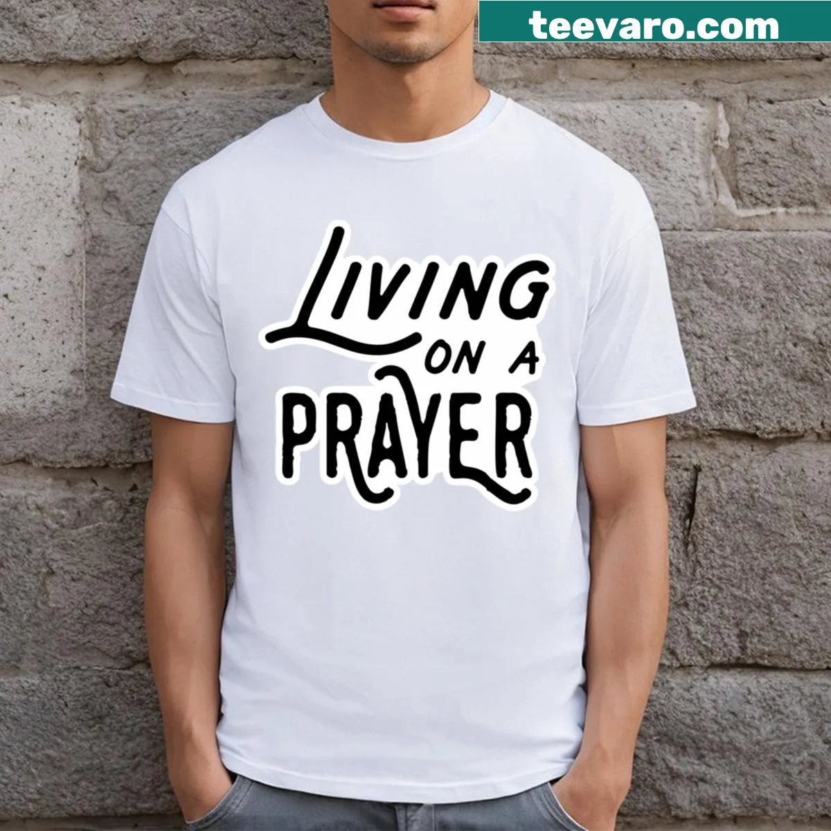 Typography design featuring 'Living On A Prayer' on a T-shirt — on a men's t-shirt