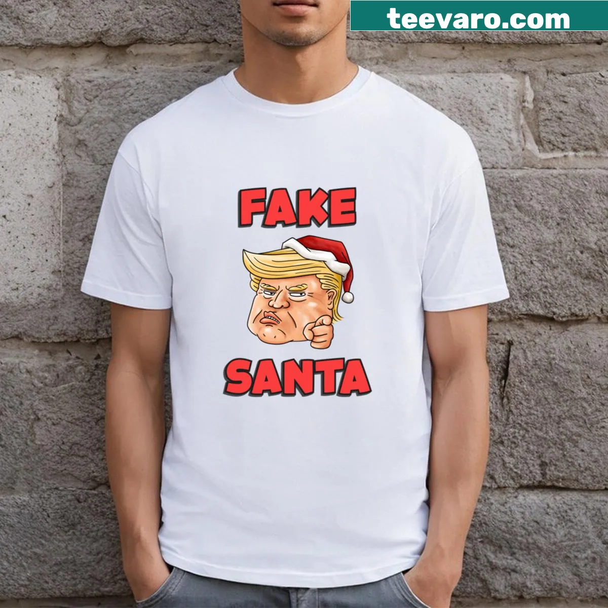 Cartoon Santa resembling Trump on a Christmas-themed T-shirt — on a men's t-shirt