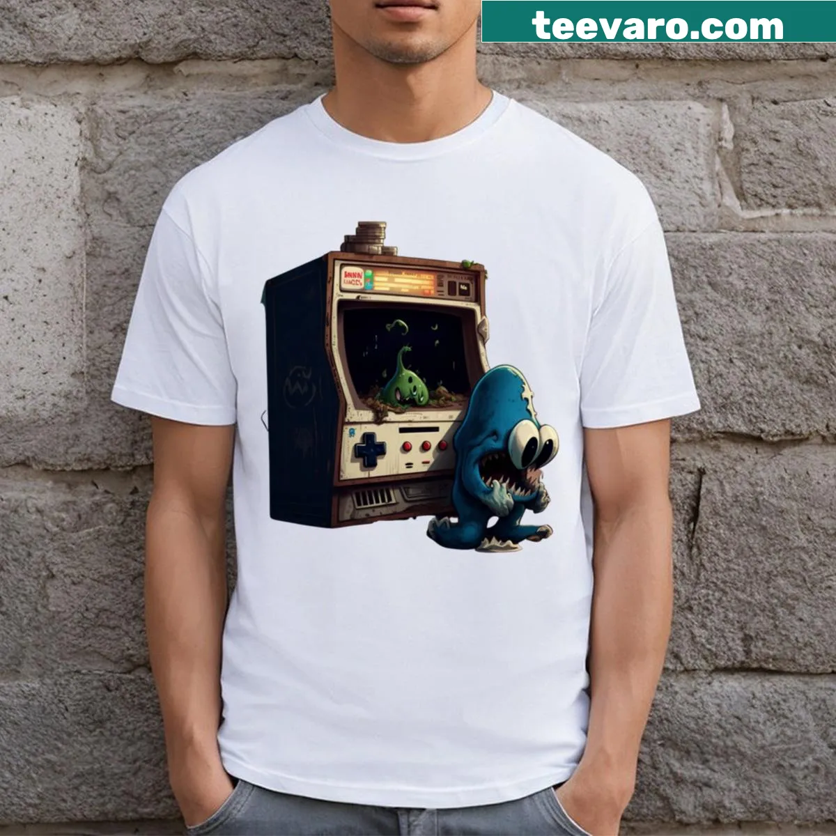 Retro gaming t-shirt featuring a quirky monster design — on a men's t-shirt