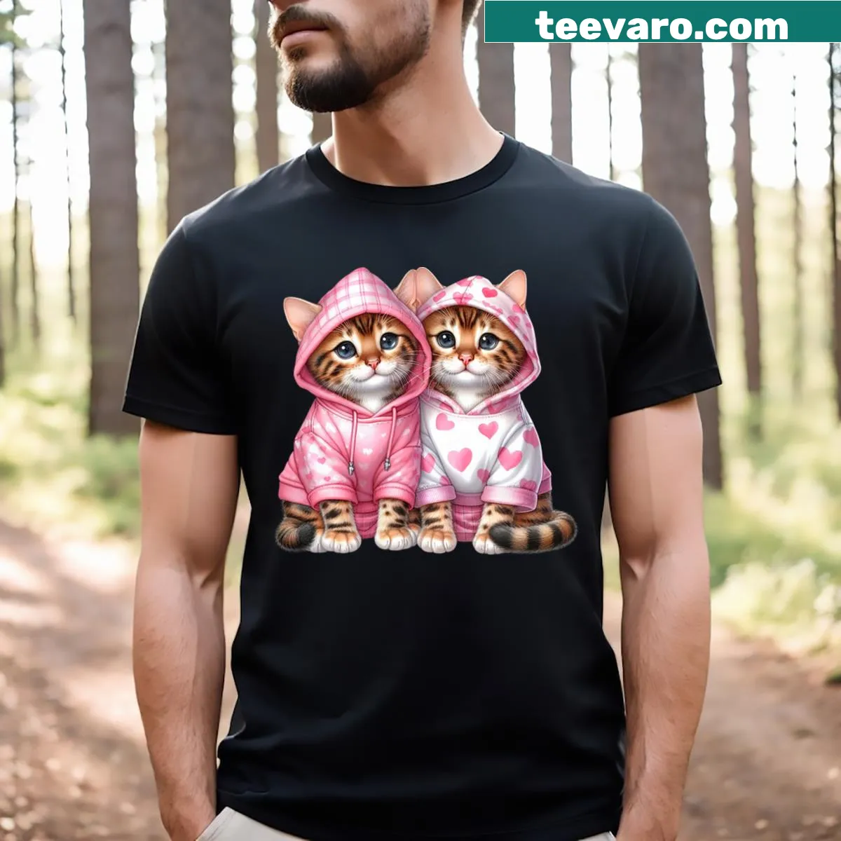 Illustrated cats in funny clothes on a T-shirt for cat lovers — on a men's t-shirt