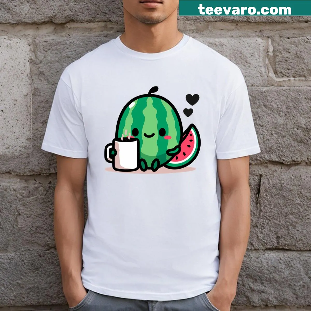 Illustration of a watermelon character drinking coffee on a T-shirt — on a men's t-shirt