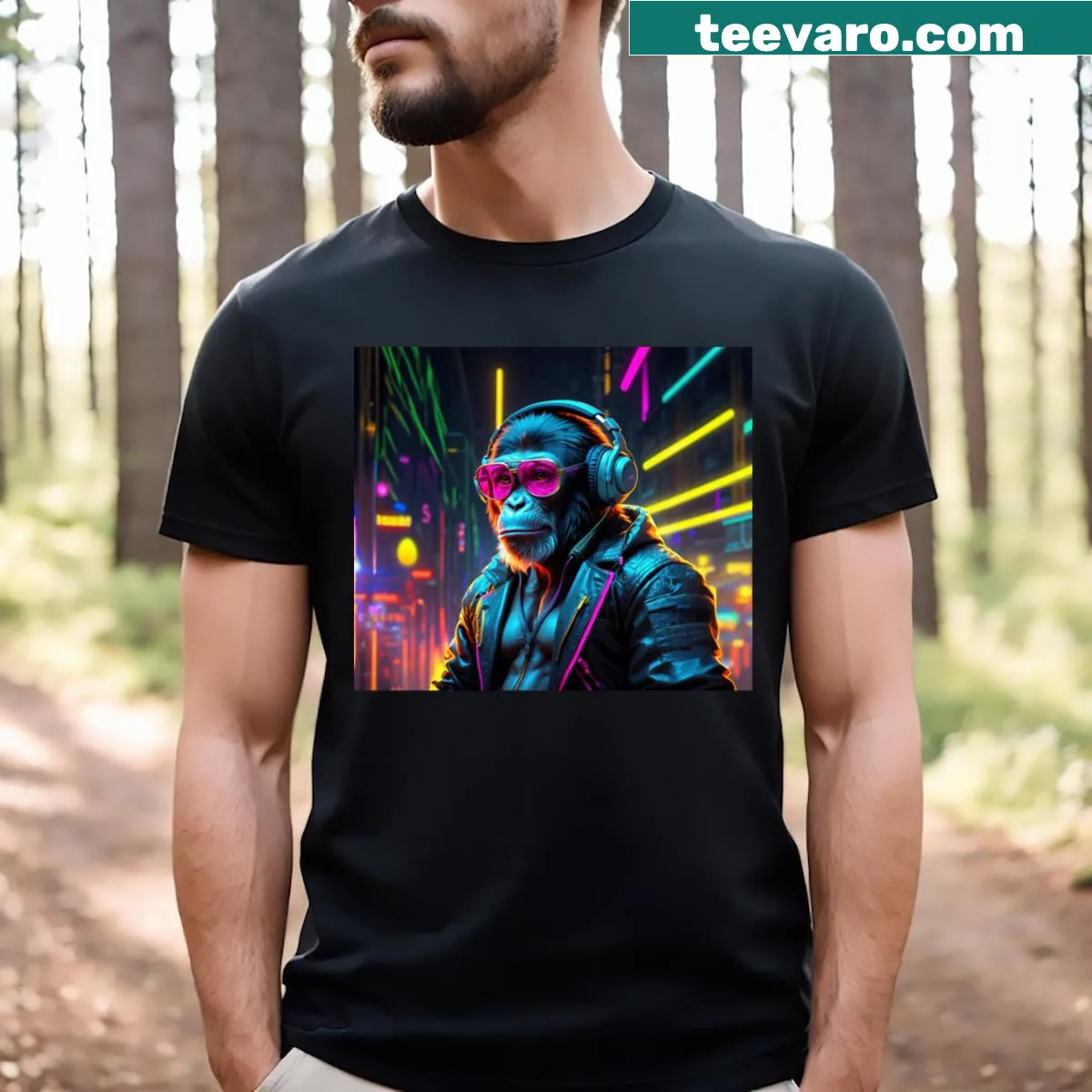 Cyberpunk-inspired illustration of an ape on T-shirt — on a men's t-shirt