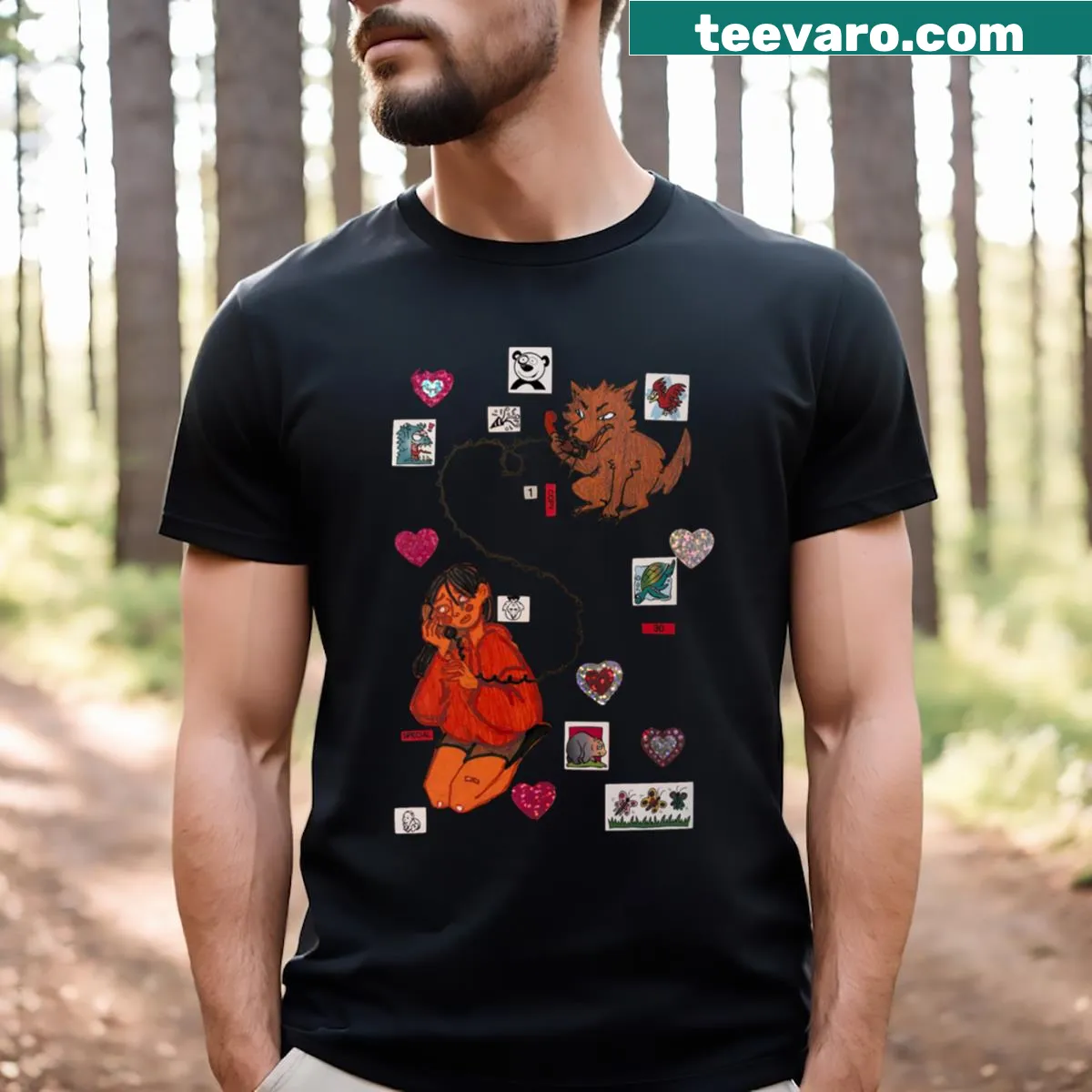 Illustrated T-shirt featuring playful dog call graphics — on a men's t-shirt