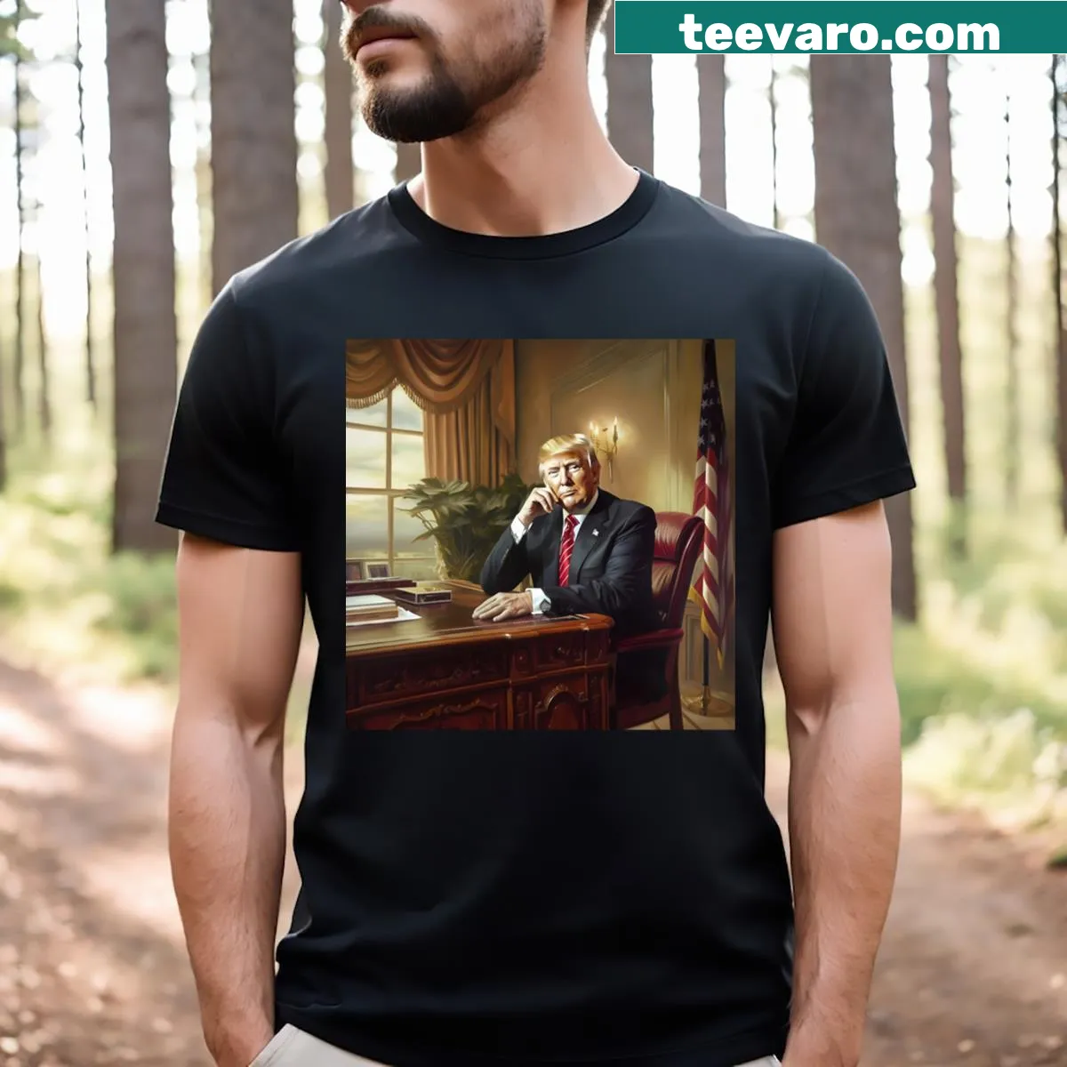 Artistic graphic t-shirt featuring a unique representation of Donald Trump — on a men's t-shirt