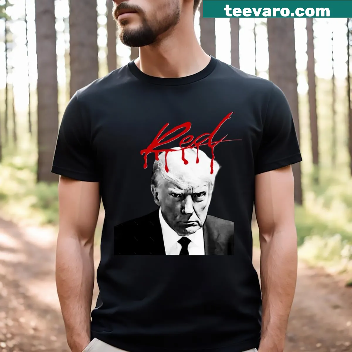 T-shirt featuring a Donald Trump mugshot graphic and WLR logo — on a men's t-shirt